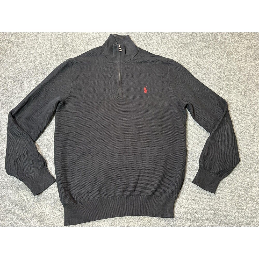 Polo Ralph Lauren Sweater Mens M Black Cotton Waffle Knit 1/4 Zip Mock Neck Logo